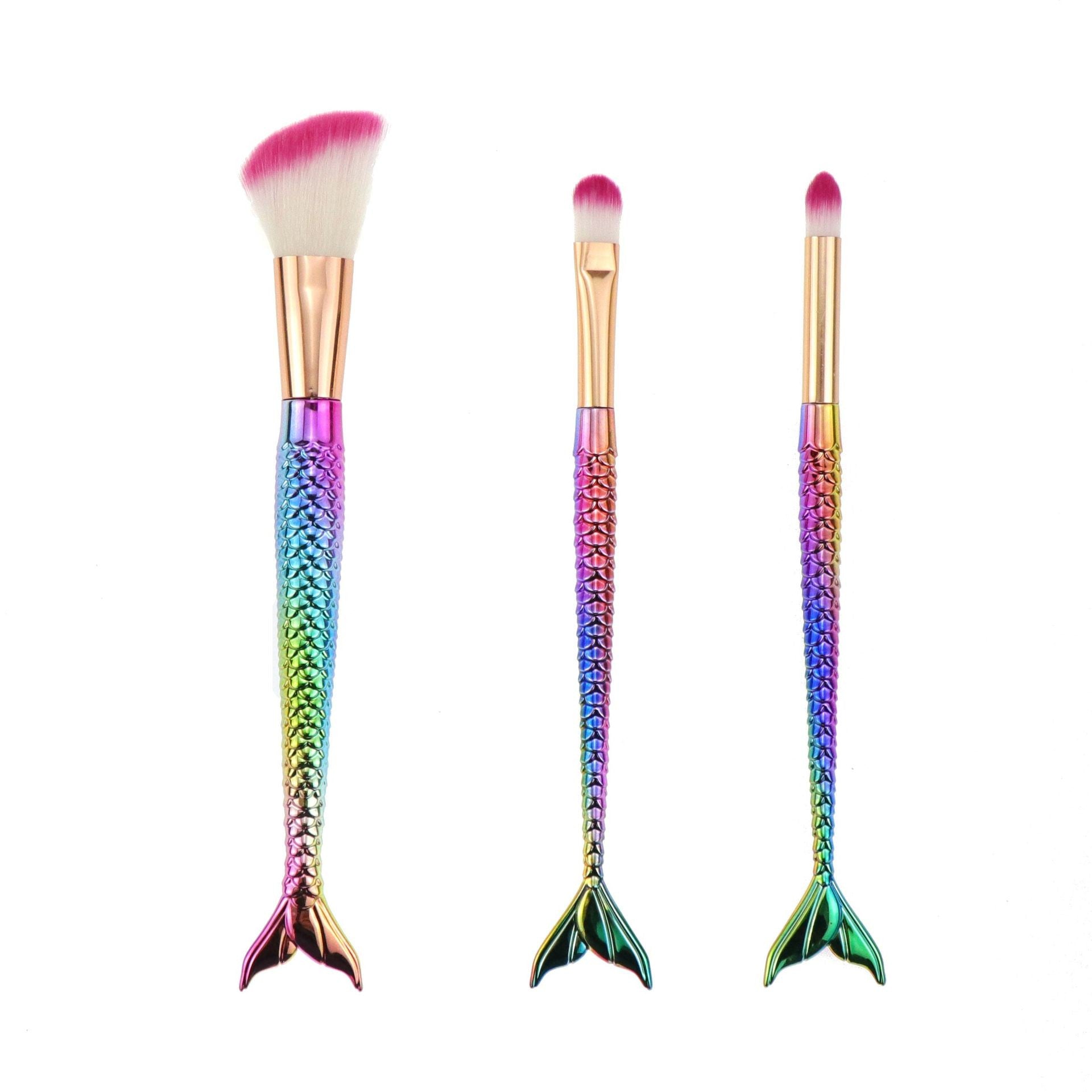 Set 3 Pensule pentru Machiaj Flippy, in Forma de Sirena, Electroplacate, Detalii Fine, Maner Ergonomic, Peri din Fibra Moale, Multicolor-0