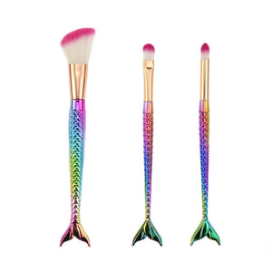Set 3 Pensule pentru Machiaj Flippy, in Forma de Sirena, Electroplacate, Detalii Fine, Maner Ergonomic, Peri din Fibra Moale, Multicolor-0