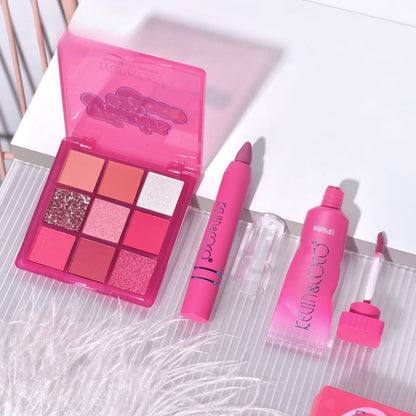 Set 3 Produse de Machiaj, KEVIN &amp; COCO, Pink Hearted, 9 culori, 15.5 x 13 x 3.4 cm-0
