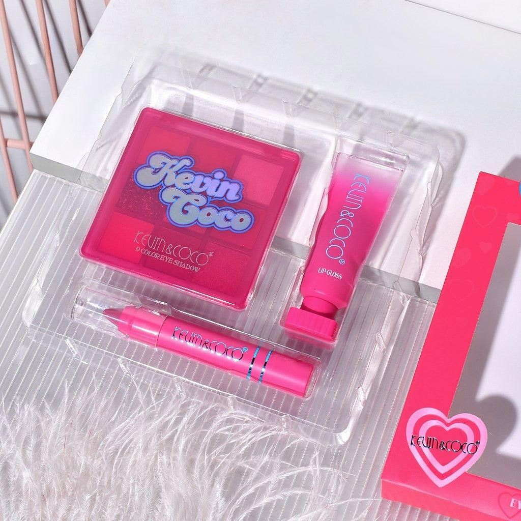 Set 3 Produse de Machiaj, KEVIN &amp; COCO, Pink Hearted, 9 culori, 15.5 x 13 x 3.4 cm-2