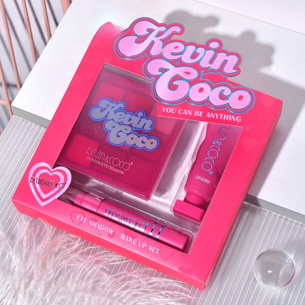 Set 3 Produse de Machiaj, KEVIN &amp; COCO, Pink Hearted, 9 culori, 15.5 x 13 x 3.4 cm-3