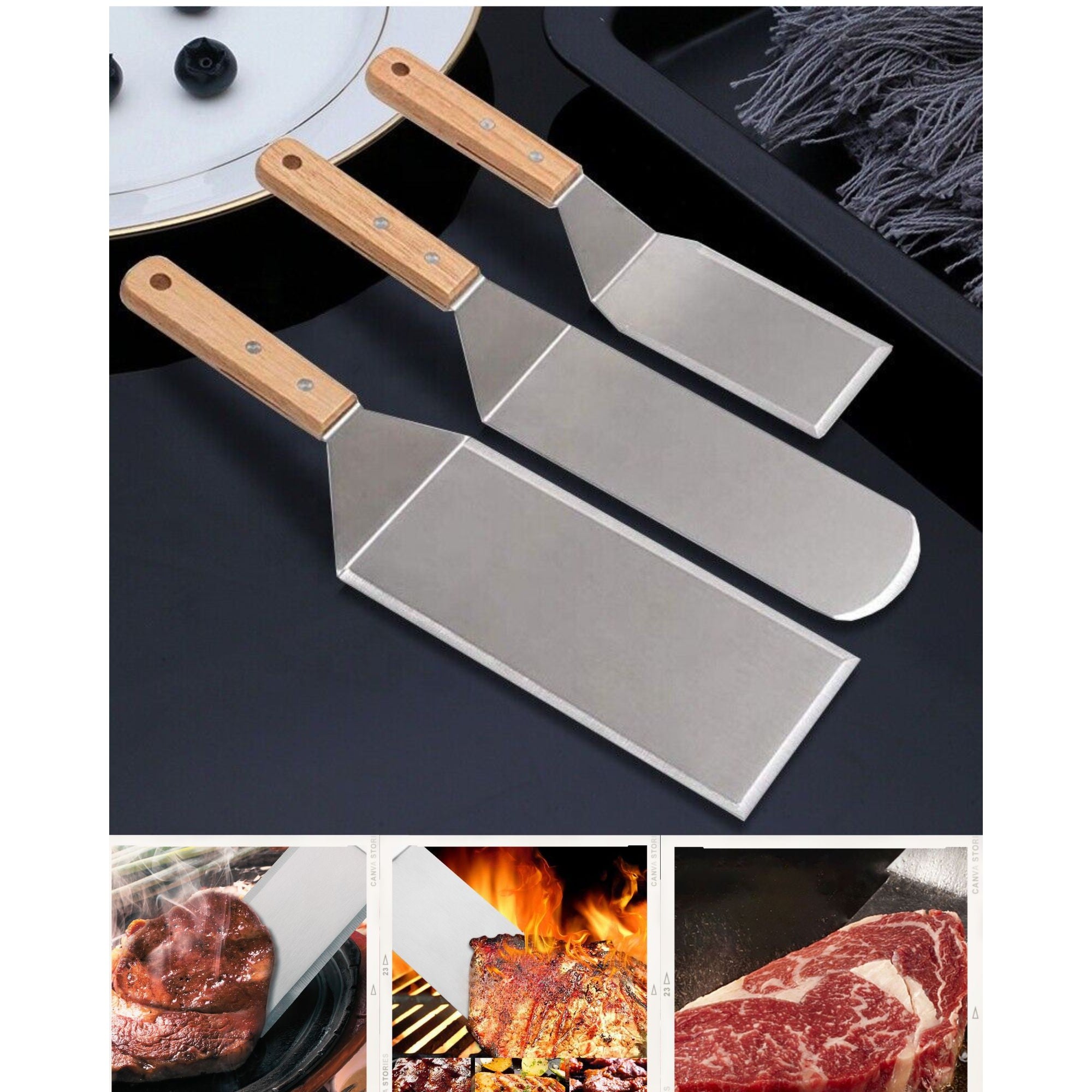 Set 3 spatule pentru gratar Flippy, din metal, margini subtiri, suprafata antiaderenta, rezistente la temperaturi ridicate, maner ergonomic din lemn, 3 forme, agatatoare, gri-1