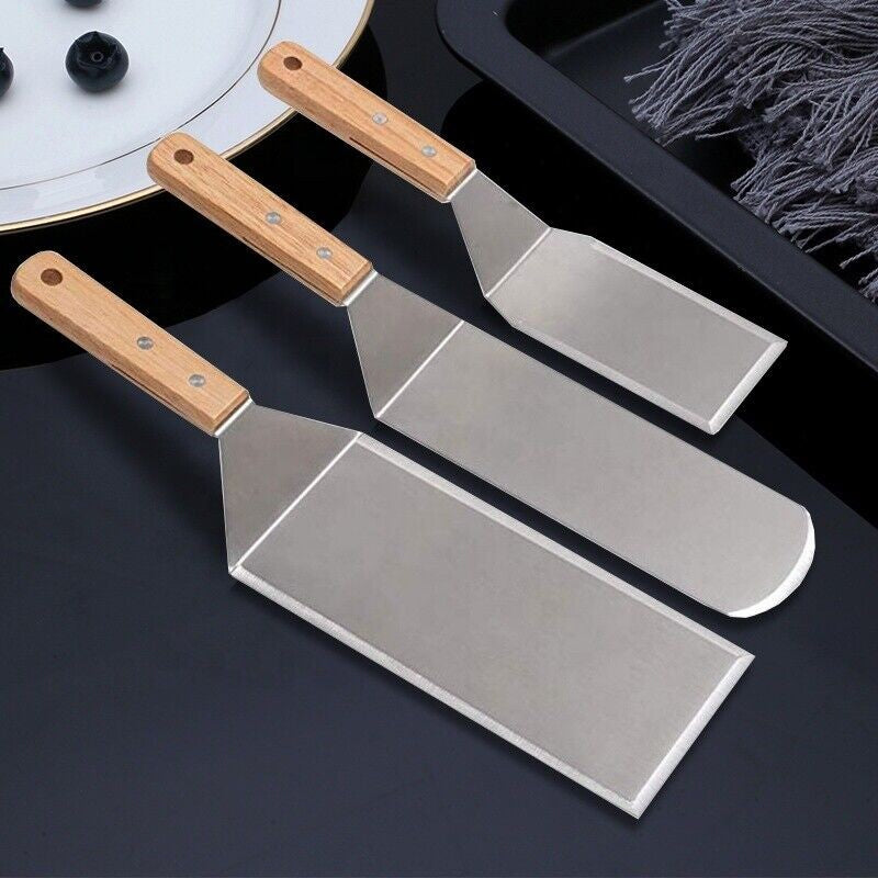 Set 3 spatule pentru gratar Flippy, din metal, margini subtiri, suprafata antiaderenta, rezistente la temperaturi ridicate, maner ergonomic din lemn, 3 forme, agatatoare, gri-4
