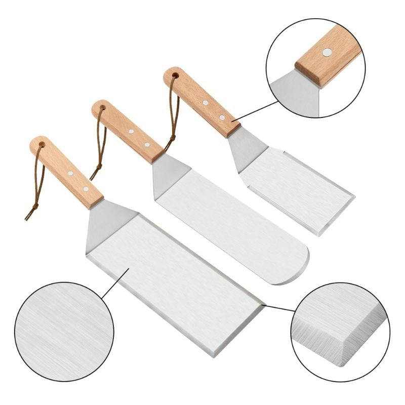 Set 3 spatule pentru gratar Flippy, din metal, margini subtiri, suprafata antiaderenta, rezistente la temperaturi ridicate, maner ergonomic din lemn, 3 forme, agatatoare, gri-5