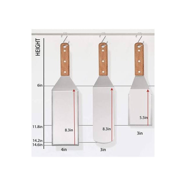 Set 3 spatule pentru gratar Flippy, din metal, margini subtiri, suprafata antiaderenta, rezistente la temperaturi ridicate, maner ergonomic din lemn, 3 forme, agatatoare, gri-6