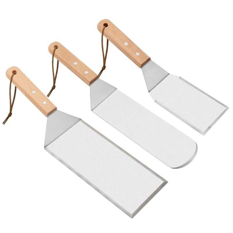 Set 3 spatule pentru gratar Flippy, din metal, margini subtiri, suprafata antiaderenta, rezistente la temperaturi ridicate, maner ergonomic din lemn, 3 forme, agatatoare, gri-0