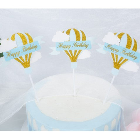 Set 3 Toppere pentru Tort, Flippy, Model Balon cu Aer Cald Happy Birthday, Tematica Aniversare, Albastru-0