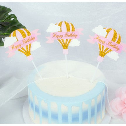 Set 3 Toppere pentru Tort, Flippy, Model Balon cu Aer Cald Happy Birthday, Tematica Aniversare, Roz-0