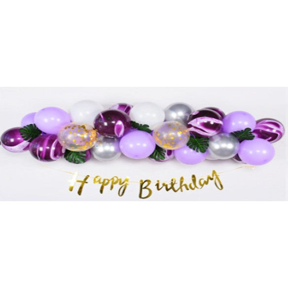 Set 37 de Piese, Baloane din Latex si Banner Happy Birthday, Mov, Argintiu, Alb-0