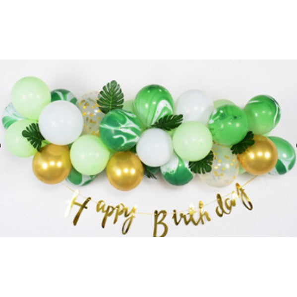 Set 37 de Piese, Baloane din Latex si Banner Happy Birthday, Verde, Auriu, Alb-0