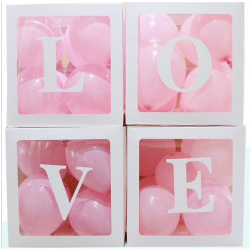 Set 4 Cutii pentru Baloane, Flippy, Tematica Iubire, Model Scris Love, Contur Alb, Transparente, 30x30 cm-0