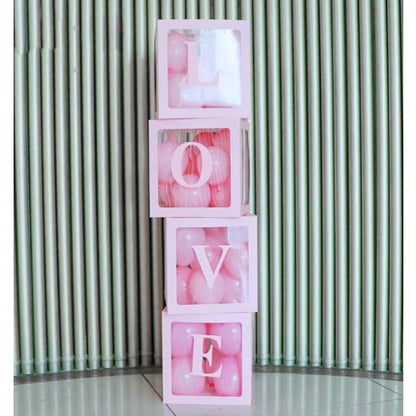 Set 4 Cutii pentru Baloane, Flippy, Tematica Iubire, Model Scris Love, Contur Roz, Transparente, 30x30 cm-0