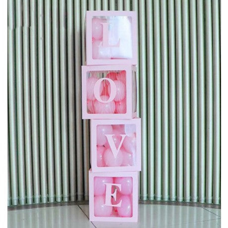 Set 4 Cutii pentru Baloane, Flippy, Tematica Iubire, Model Scris Love, Contur Roz, Transparente, 30x30 cm-0