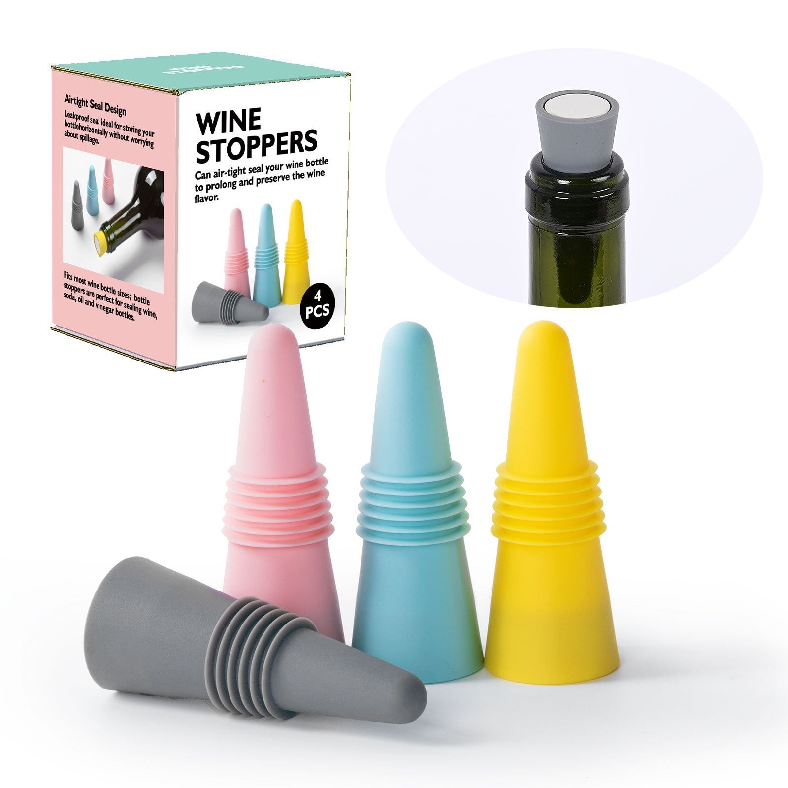 Set 4 dopuri reutilizabile din silicon Flippy, pentru sticle de vin, bautura, multicolor-4
