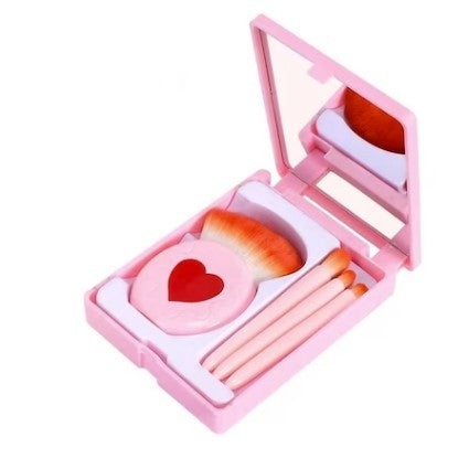 Set 4 Mini Pensule de Machiaj, Flippy, Portabile, in Carcasa cu Oglinda, din Par Sintetic Moale, Roz, Model cu Inima, 12x7x2.5 cm-0