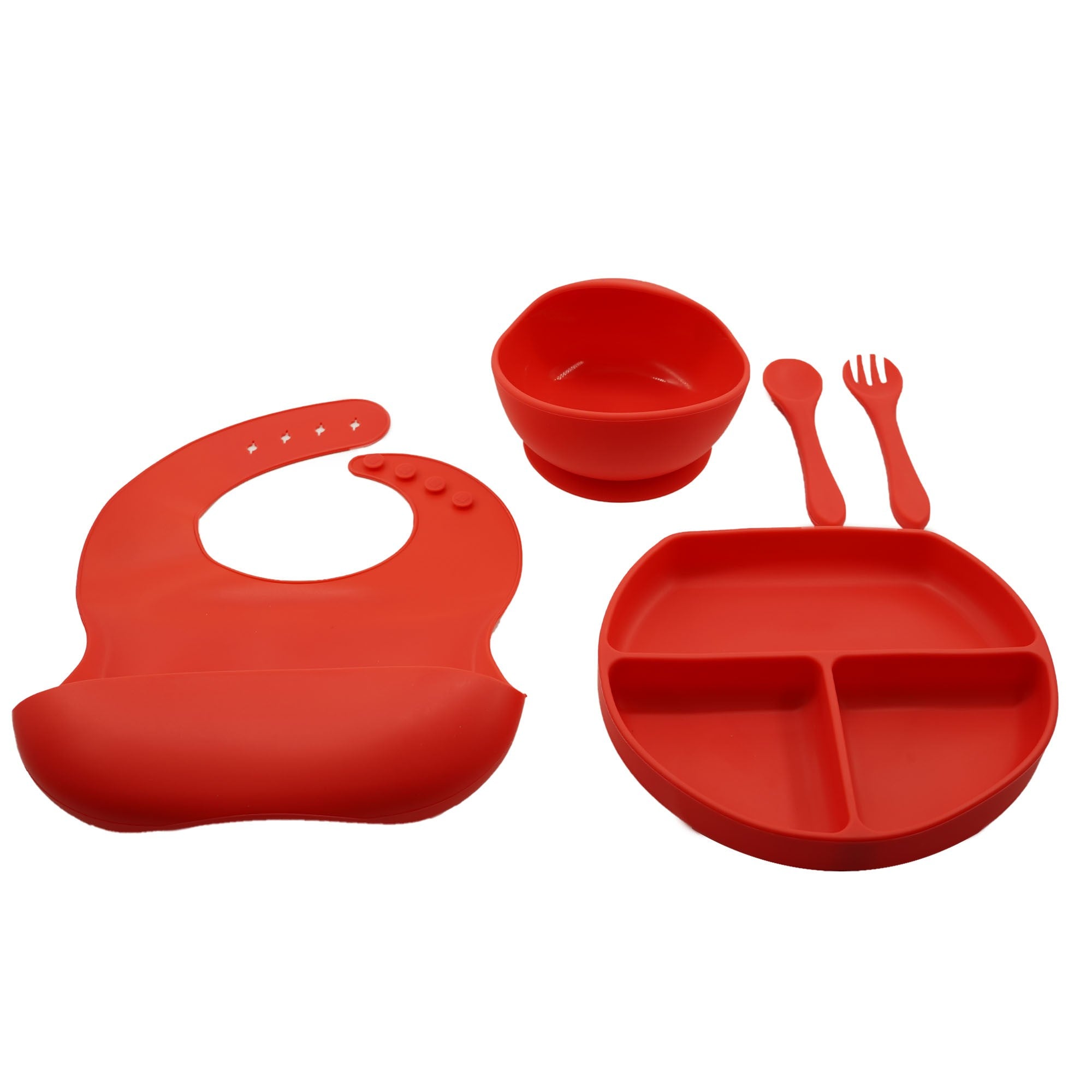 Set 5 piese diversificare bebelusi si copii din silicon Flippy, baveta, farfurie compartimentata cu ventuza, bol cu ventuza, tacamuri, fara alergeni, rosu-0