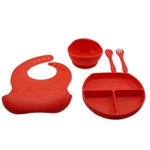 Set 5 piese diversificare bebelusi si copii din silicon Flippy, baveta, farfurie compartimentata cu ventuza, bol cu ventuza, tacamuri, fara alergeni, rosu-0