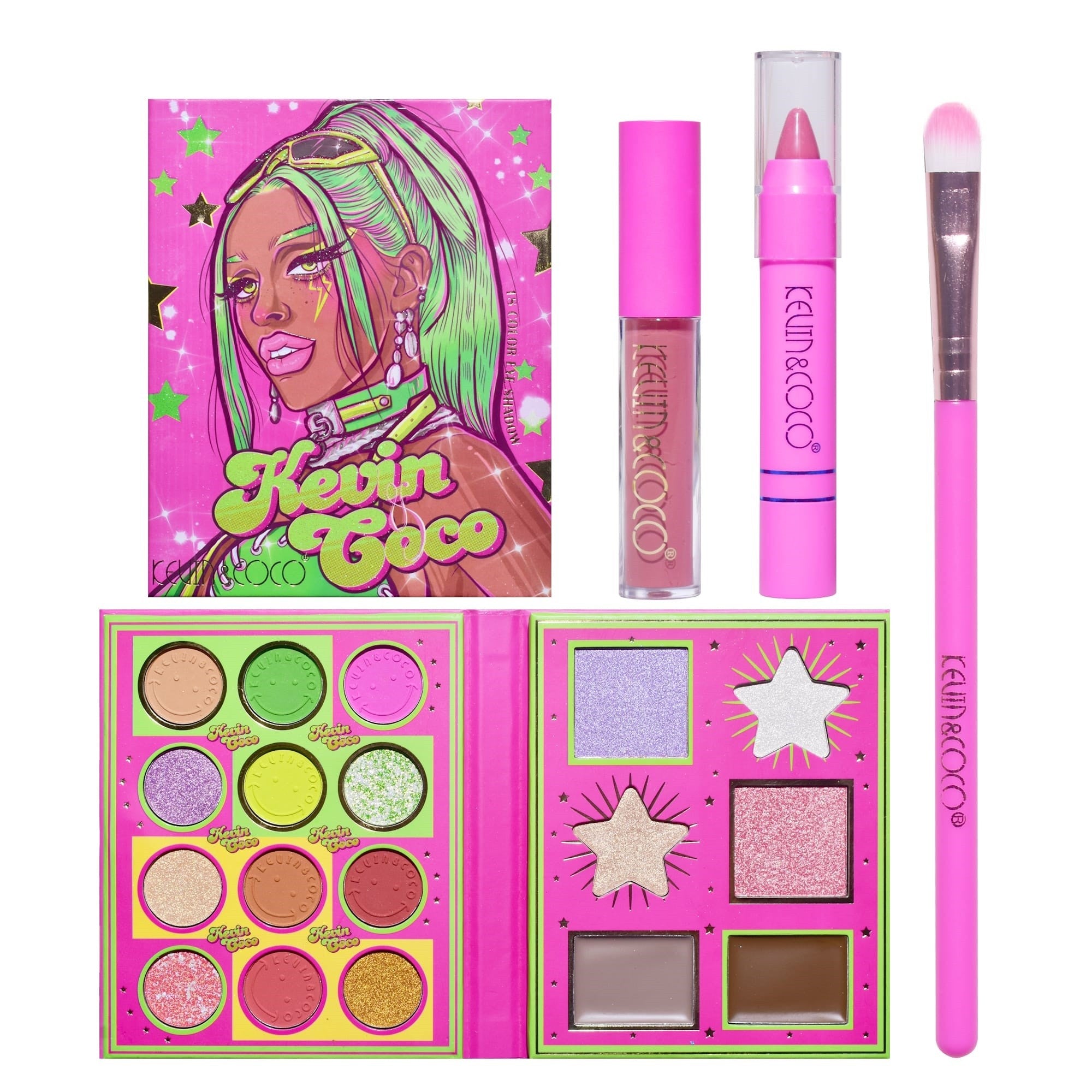 Set 4 Produse de Machiaj, KEVIN &amp; COCO, Green Cool Girl, 18 culori, 20.5 x 18.2 x 2.2 cm-0