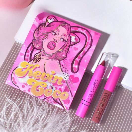 Set 4 Produse de Machiaj, KEVIN &amp; COCO, Pink Loving-heart Leopard Girl, 18 culori, 20.5 x 18.2 x 2.2 cm-1