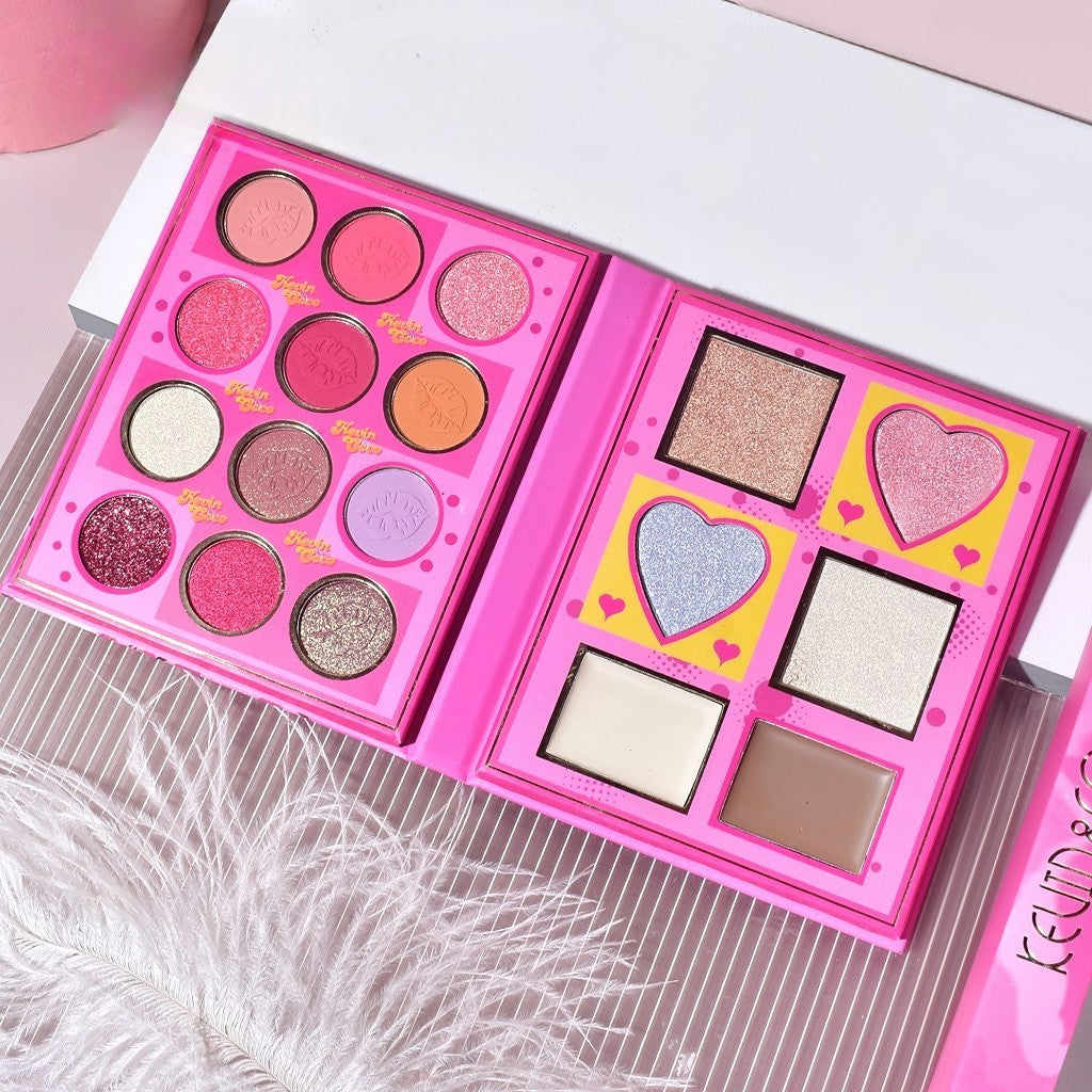 Set 4 Produse de Machiaj, KEVIN &amp; COCO, Pink Loving-heart Leopard Girl, 18 culori, 20.5 x 18.2 x 2.2 cm-4