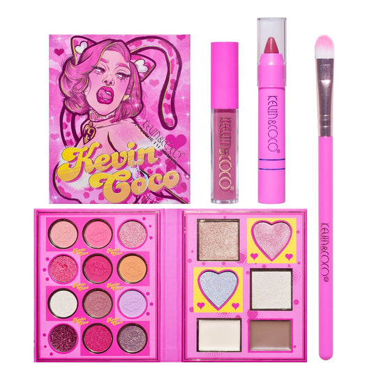 Set 4 Produse de Machiaj, KEVIN &amp; COCO, Pink Loving-heart Leopard Girl, 18 culori, 20.5 x 18.2 x 2.2 cm-0