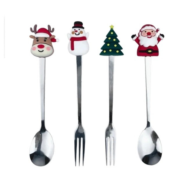Set 4 Tacamuri, Flippy, cu Figurine de Craciun, din Otel Inoxidabil, 2 Furculite, 2 Linguri, Cutie Festiva, 13.5 cm, Rosu-0