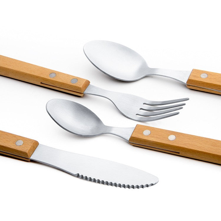 Set 4 tacamuri pentru masa Flippy, otel 304, lingura, lingurita desert, cutit, furculita, maner din lemn de fag, 20 x 4 x 2 cm, gri-2