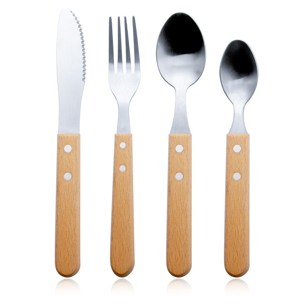 Set 4 tacamuri pentru masa Flippy, otel 304, lingura, lingurita desert, cutit, furculita, maner din lemn de fag, 20 x 4 x 2 cm, gri-4