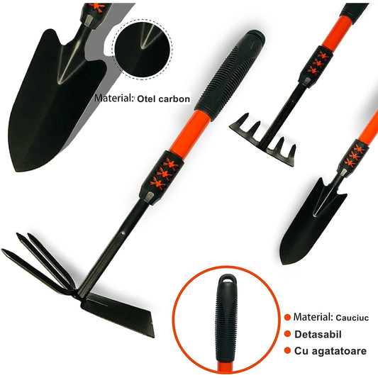 Set 4 Unelte de Gradina Flippy, Maner extensibil, pentru Plantare Prelucrare Sol si Ingrijire Plante, Material otel carbon, negru-1