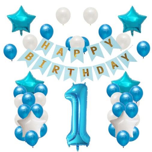 Set 42 de baloane si 1 Banner Happy Birthday, Albastru-0