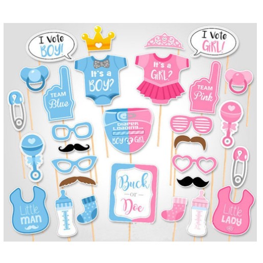 Set 43 de Accesorii pentru Petrecere, Flippy, Props pentru Coltul de Poze, Gender Reveal, Albastru-Roz-0