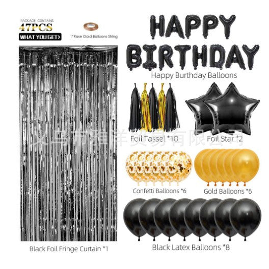 Set 47 baloane, 10 ciucuri, 2 baloane stea folie, 6 baloane latex confetti, 6 baloane galbene latex, 8 baloane negre latex, 1 Perdea Praty Folie, Litere Happy Birthday, Auriu/Negru-0