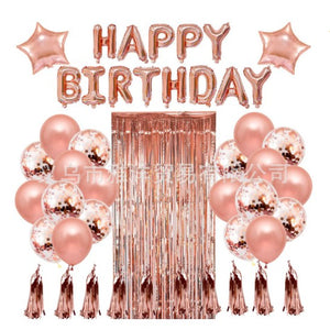 Set 47 baloane, 10 ciucuri, 2 baloane stea folie, 6 baloane latex confetti, 6 baloane galbene latex, 8 baloane negre latex, 1 Perdea Praty Folie, Litere Happy Birthday, Rose-0
