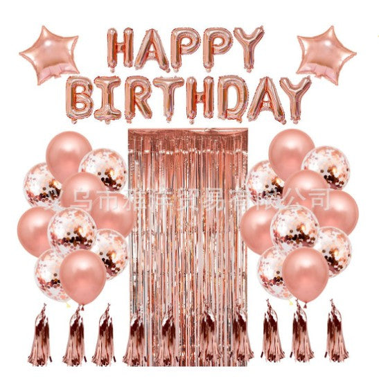 Set 47 baloane, 10 ciucuri, 2 baloane stea folie, 6 baloane latex confetti, 6 baloane galbene latex, 8 baloane negre latex, 1 Perdea Praty Folie, Litere Happy Birthday, Rose-0