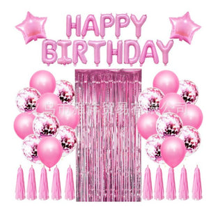 Set 47 baloane, 10 ciucuri, 2 baloane stea folie, 6 baloane latex confetti, 6 baloane galbene latex, 8 baloane negre latex, 1 Perdea Praty Folie, Litere Happy Birthday, Roz-0