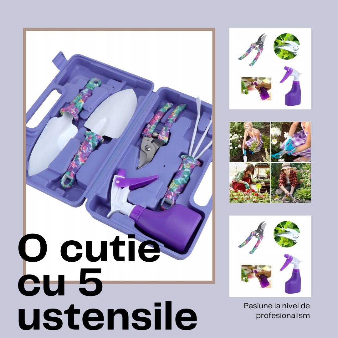 Set 5 accesorii pentru gradinarit Flippy, geanta depozitare inclusa, otel inoxidabil, 38 x 29 cm, mov-1