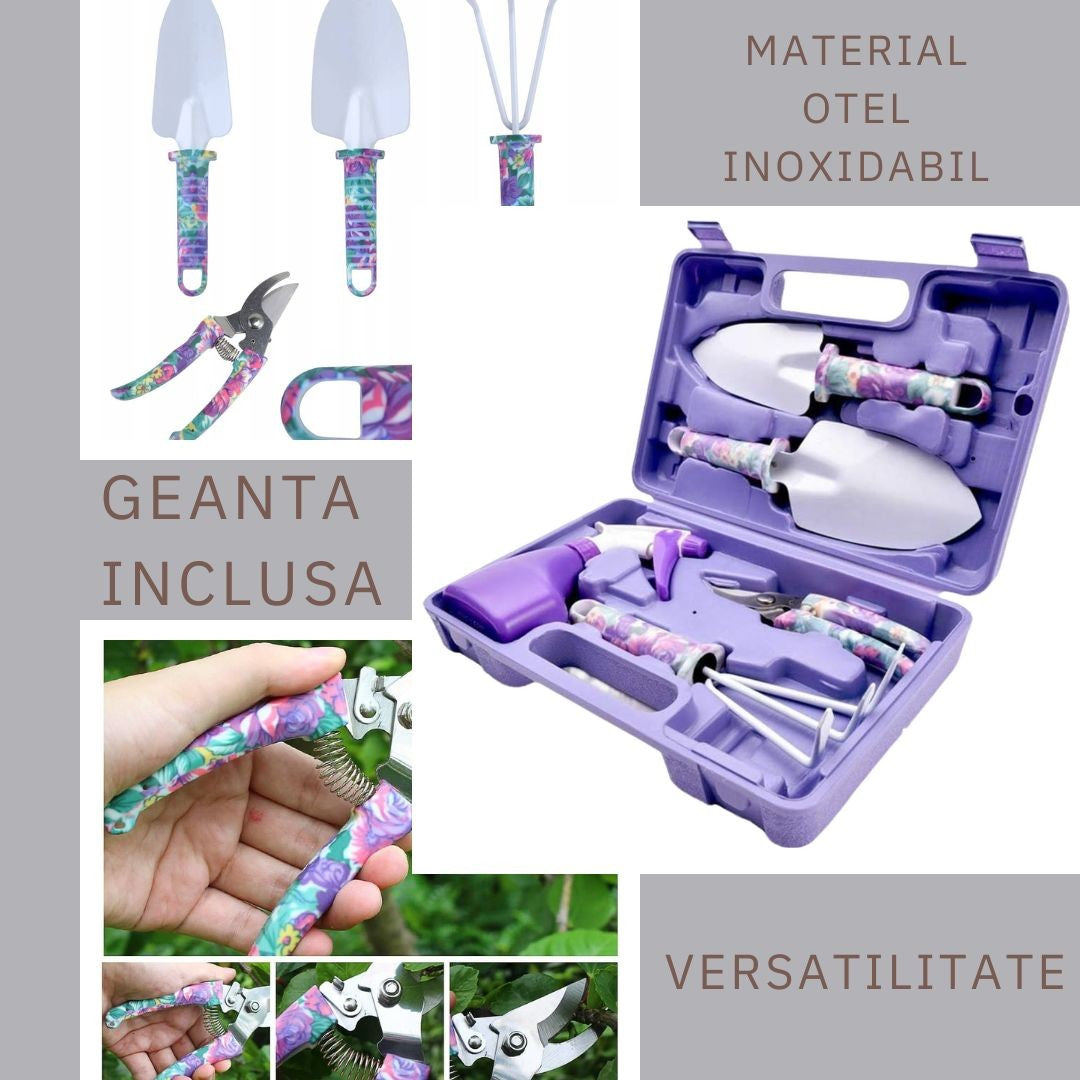 Set 5 accesorii pentru gradinarit Flippy, geanta depozitare inclusa, otel inoxidabil, 38 x 29 cm, mov-2