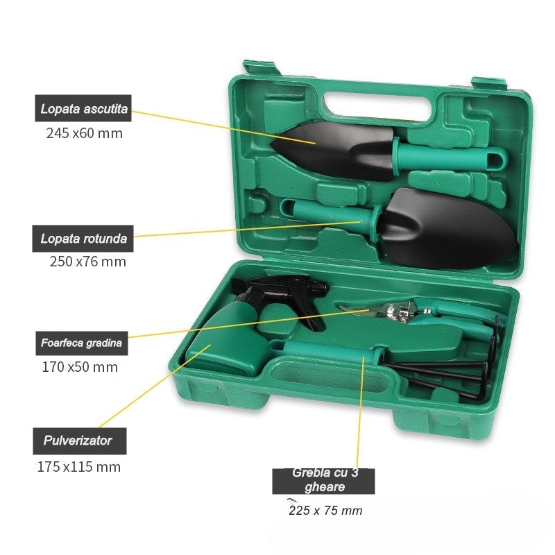 Set 5 accesorii pentru gradinarit Flippy, geanta depozitare inclusa, otel inoxidabil, 18.5 x 29.5 cm, verde-1