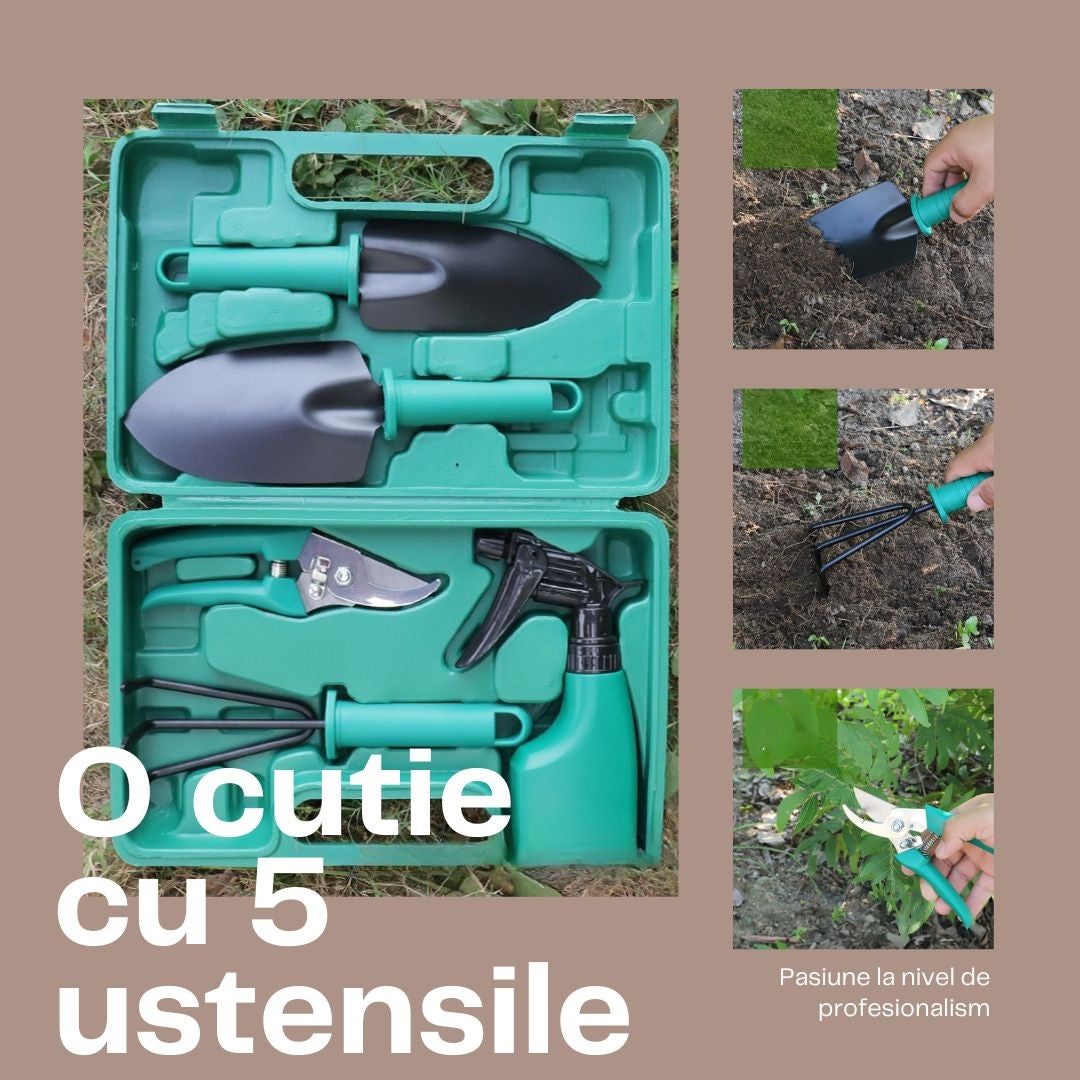 Set 5 accesorii pentru gradinarit Flippy, geanta depozitare inclusa, otel inoxidabil, 18.5 x 29.5 cm, verde-2