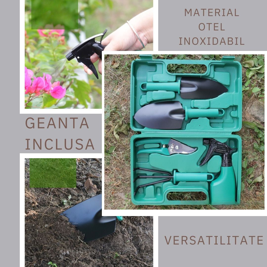 Set 5 accesorii pentru gradinarit Flippy, geanta depozitare inclusa, otel inoxidabil, 18.5 x 29.5 cm, verde-3