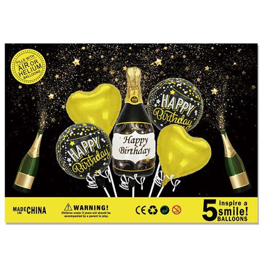 Set 5 baloane folie, Happy Birthday, negru/auriu-0
