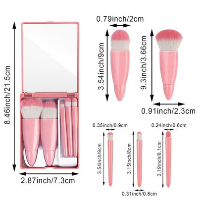 Set 5 Mini Pensule de Machiaj, Flippy, Portabile, in Carcasa cu Oglinda, din Par Sintetic Moale, Roz, 12x7x2.5 cm-2