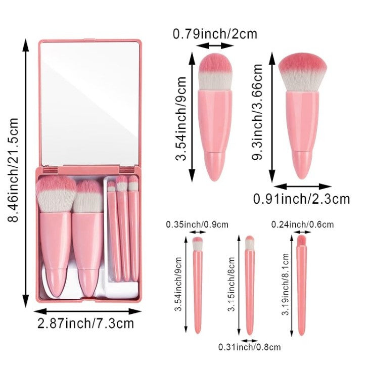 Set 5 Mini Pensule de Machiaj, Flippy, Portabile, in Carcasa cu Oglinda, din Par Sintetic Moale, Roz, 12x7x2.5 cm-2