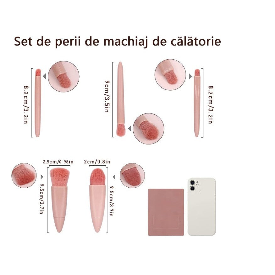 Set 5 Mini Pensule de Machiaj, Flippy, Portabile, in Carcasa cu Oglinda, din Par Sintetic Moale, Roz Pastel, 12x7x2.5 cm-4