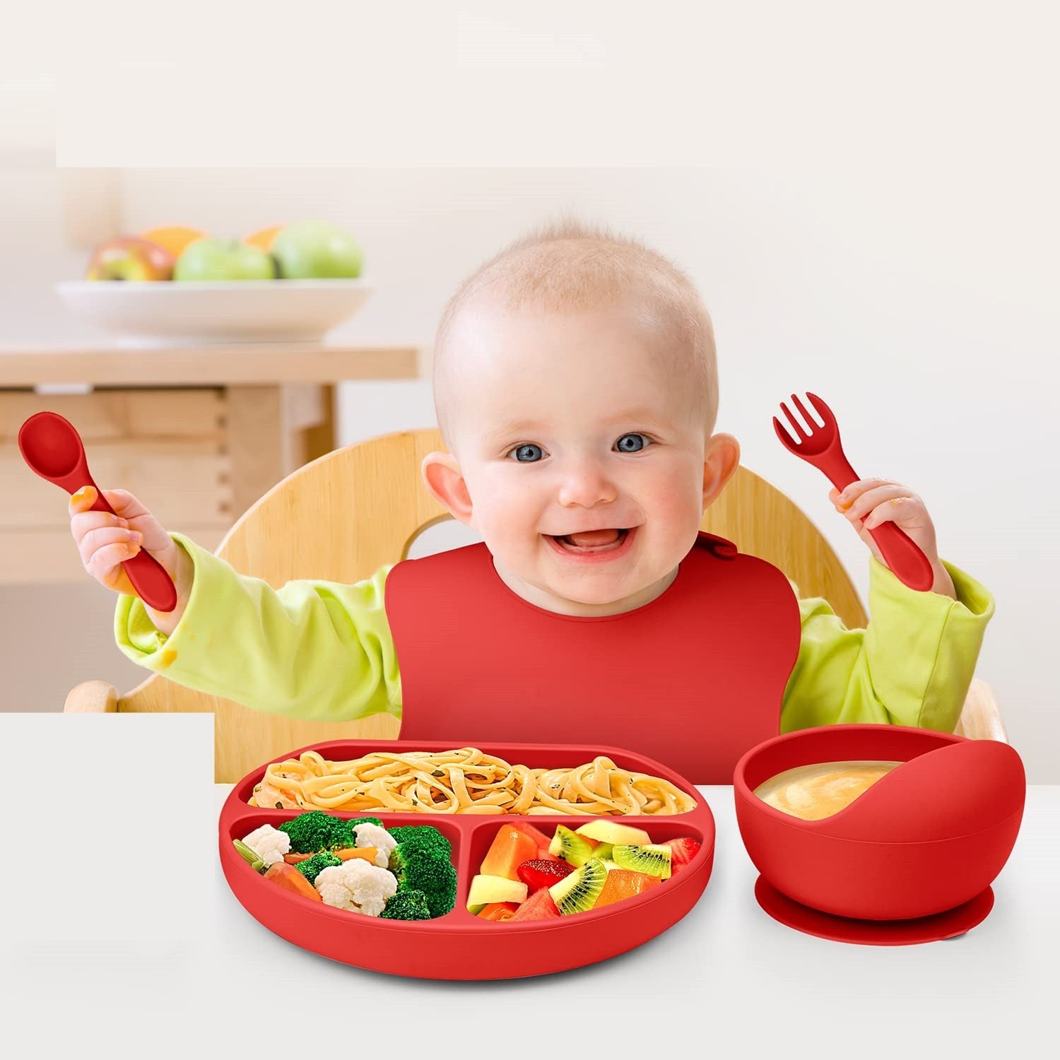 Set 5 piese diversificare bebelusi si copii din silicon Flippy, baveta, farfurie compartimentata cu ventuza, bol cu ventuza, tacamuri, fara alergeni, rosu-3
