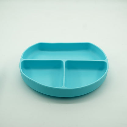 Set 5 piese diversificare bebelusi si copii din silicon Flippy, baveta, farfurie compartimentata cu ventuza, bol cu ventuza, tacamuri, fara alergeni, albastru-3