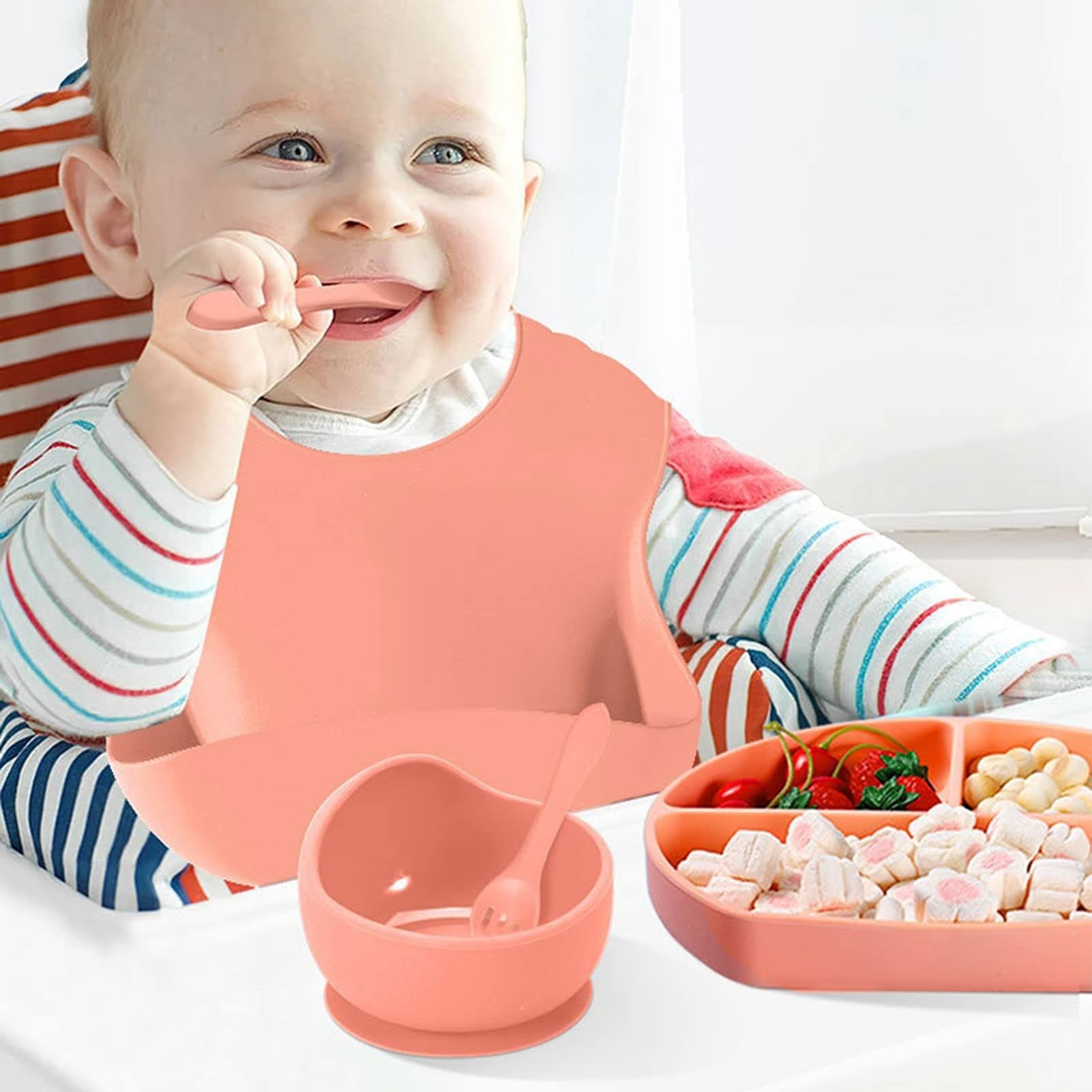 Set 5 piese diversificare bebelusi si copii din silicon Flippy, baveta, farfurie compartimentata cu ventuza, bol cu ventuza, tacamuri, fara alergeni, roz-2