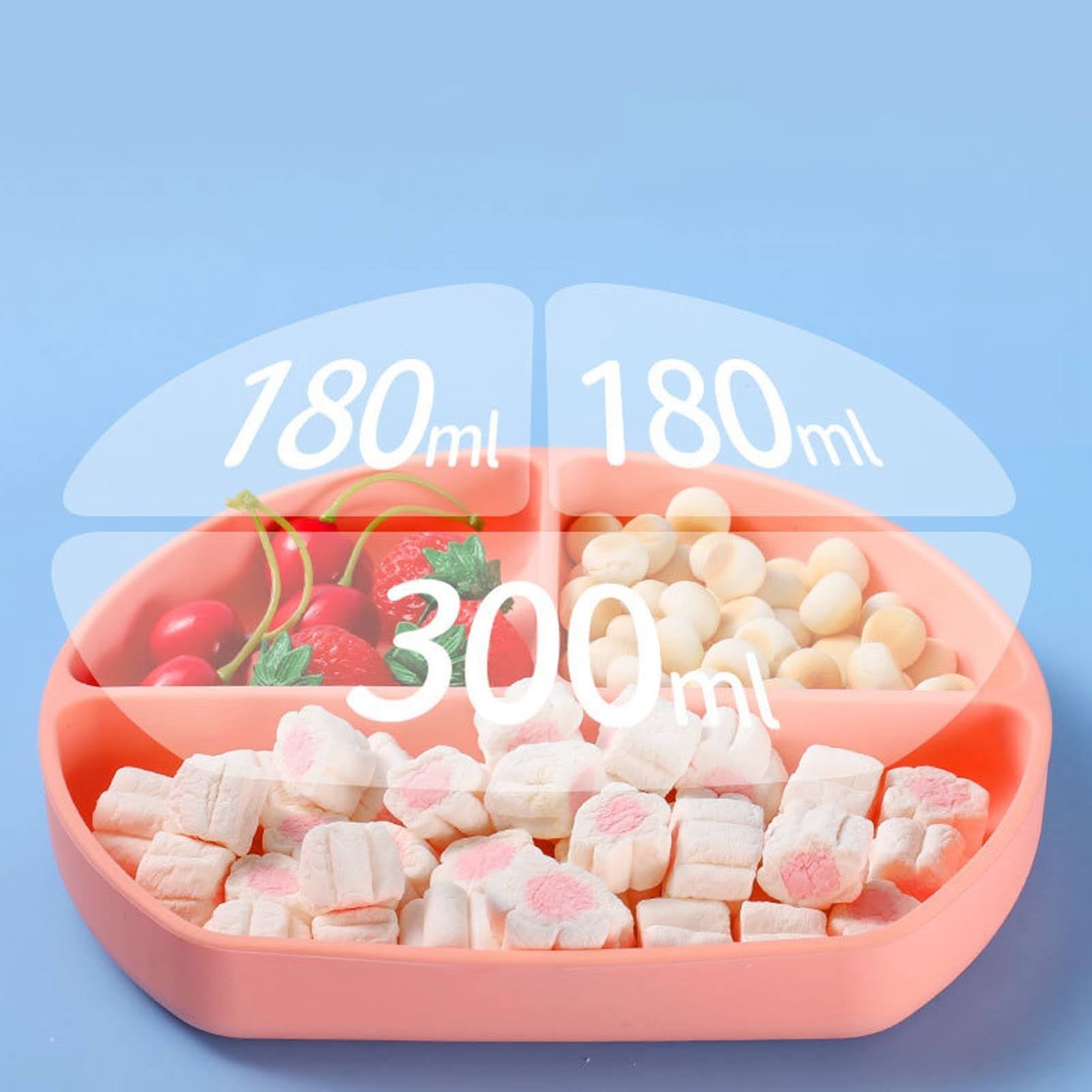Set 5 piese diversificare bebelusi si copii din silicon Flippy, baveta, farfurie compartimentata cu ventuza, bol cu ventuza, tacamuri, fara alergeni, roz-3
