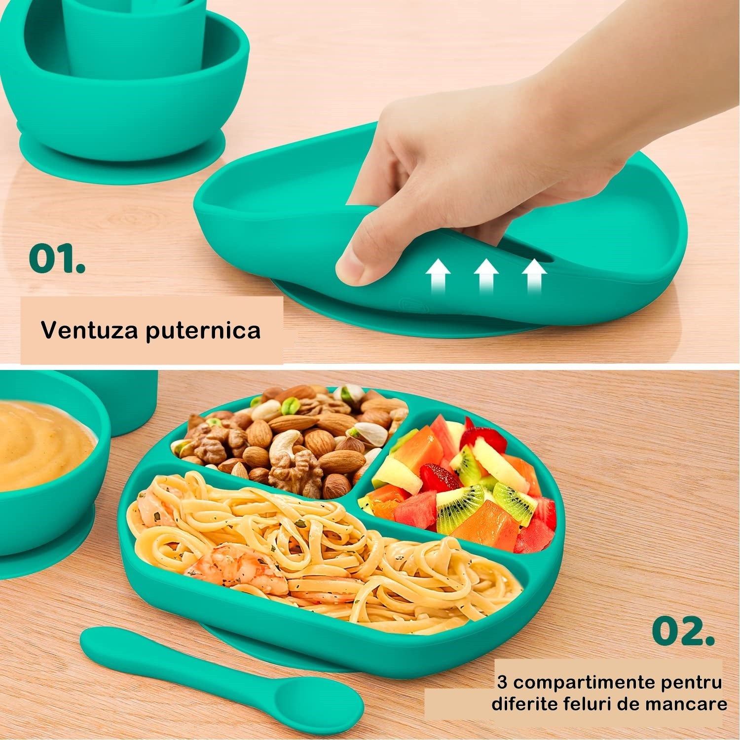 Set 5 piese diversificare bebelusi si copii din silicon Flippy, baveta, farfurie compartimentata cu ventuza, bol cu ventuza, tacamuri, fara alergeni, verde-2