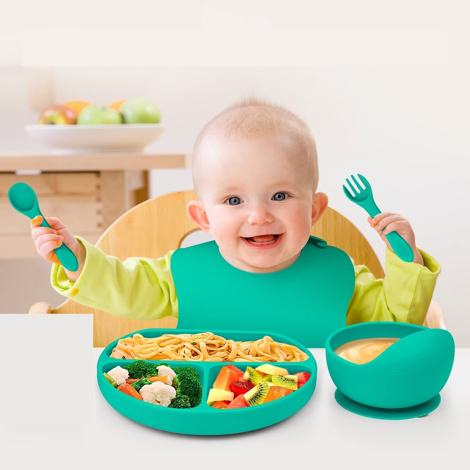 Set 5 piese diversificare bebelusi si copii din silicon Flippy, baveta, farfurie compartimentata cu ventuza, bol cu ventuza, tacamuri, fara alergeni, verde-3